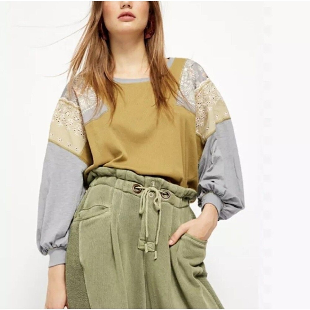 Free People Feelin It Colorblock Army Combo T-Shirt Oversized Womens Medium - Picture 5 of 12